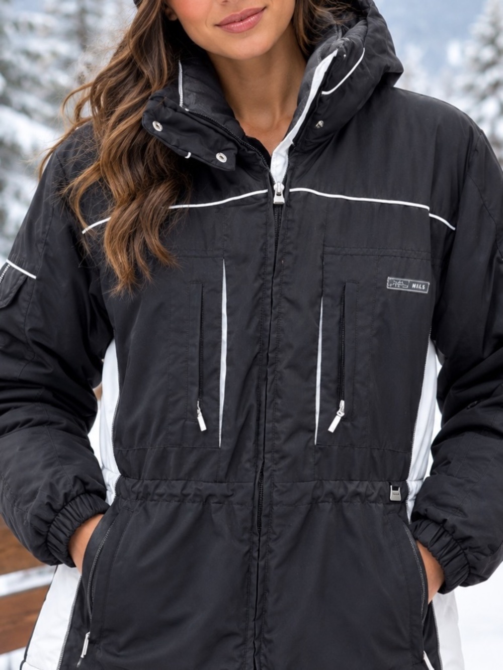 NILS Women's Ski Jacket Sz 8 Black White Piped Winter Fleece Lined Snow Coat